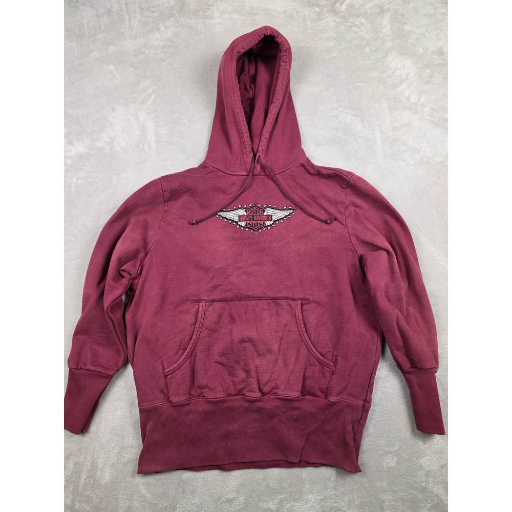 Harley-Davidson Hoodie Women S Red Oversized Studded Winged Bar Shield Faded